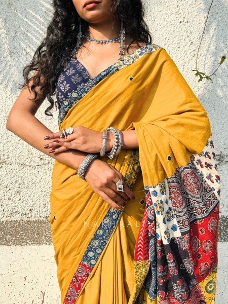 Sootra Mustard Cotton Saree with Patchwork Border