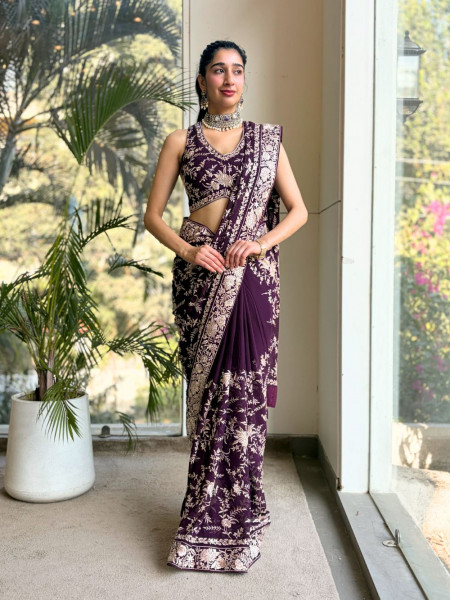 Adaah Wine Georgette Saree with All-Over Embroidery