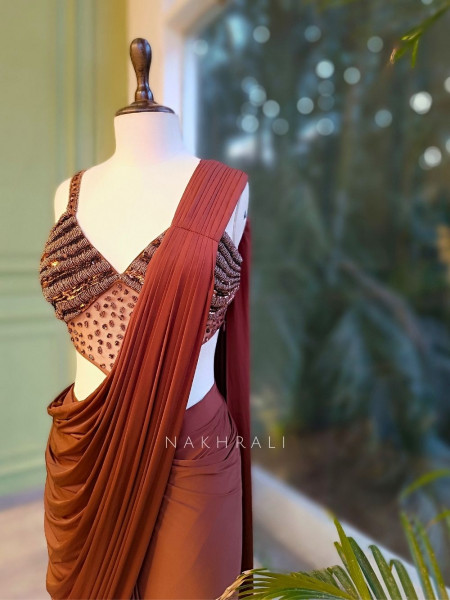 Riona Brown Sequin Drape Saree with Cut Dana Blouse