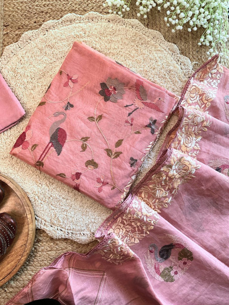 Baaghi Pink mbroidered Dress Material Set with Bird Motifs
