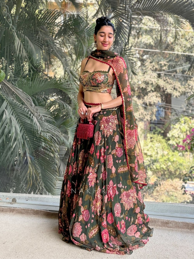 Image of Tiya  Green Floral Lehenga Set with Embellished Blouse