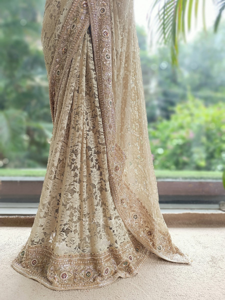 Sereia Beige Chantilly Lace Designer Saree with Readymade Blouse