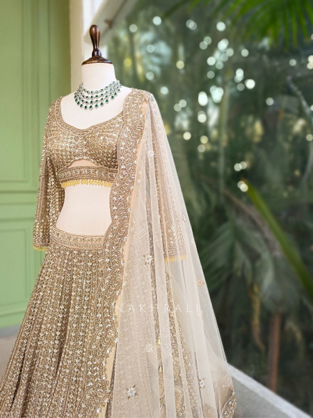 Rishmika Gold Bridal Lehenga with Sequin and Bead Work
