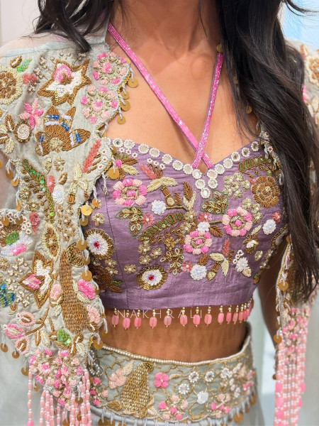 Vyomi Blue Indo Western Crop Top Skirt Set with Multicolor Embroidery