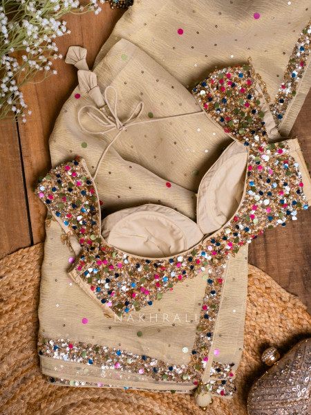 Eclipse Cream Crushed Tissue Saree with Sequin and Pearl Work