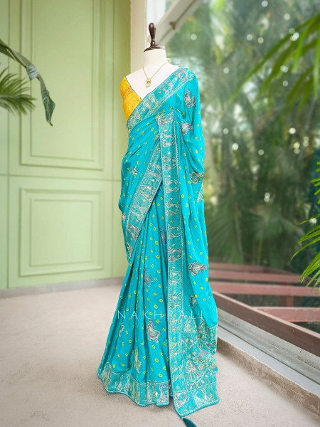 Kavira Rama Green Bandhej Saree with Zari Weaved Border