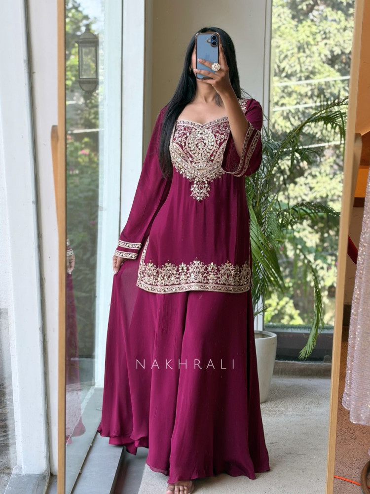 Image of Nazneen Wine Fendy Silk Sharara Set