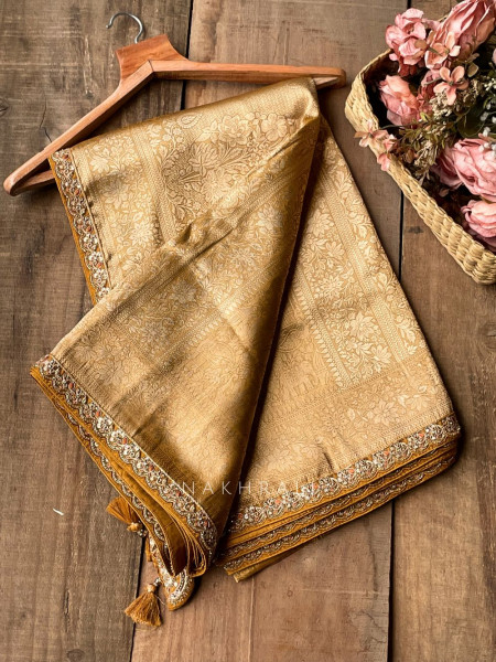 Rivora Mustard Zari Woven Saree with Ornate Border Design