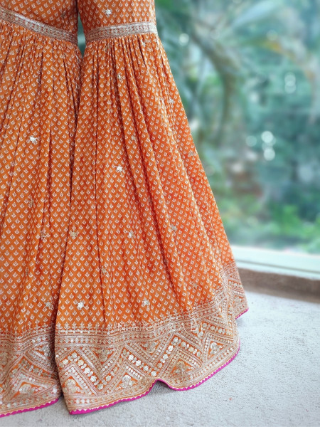 Flare Luxe Orange Gharara Set with Pearl and Sequin Work