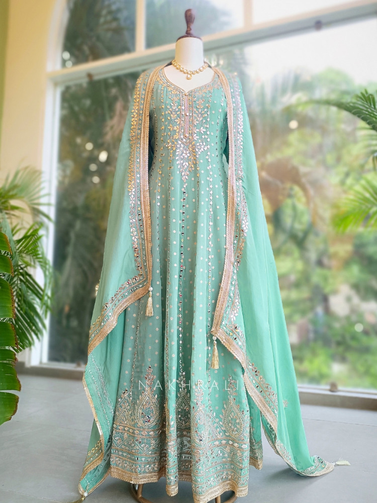 Avni Noor Sea Green Anarkali Dupatta Set with Gota Patti, Zari, and Mirror Work Avni Noor Sea Green Anarkali Dupatta Set with Gota Patti, Zari, and Mirror Work