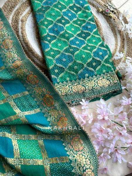 Rang-Kosh  Green Bandhani Pure Georgette Dress Material