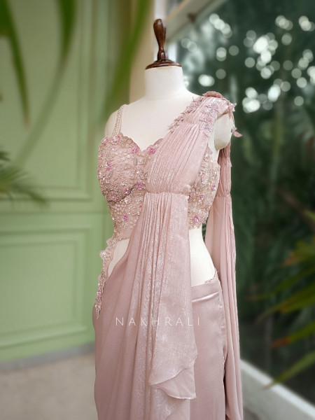 Shimmer Veil Peach Drape Saree with Cutdana and Sequin Work