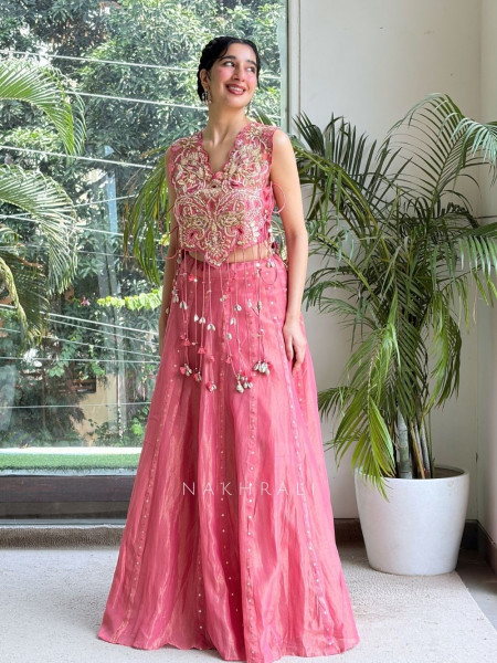 Gulpriya  Pink Shimmer Tissue Silk Crop Top Palazzo Set