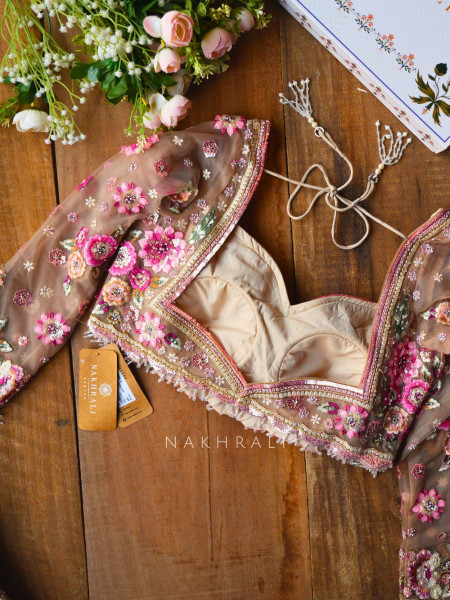 Tiararose Sand Beige Net Floral Embroidered Saree
