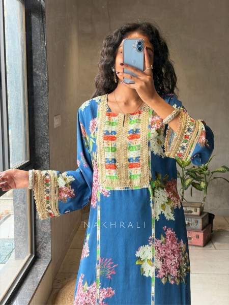 Kairaa Blue Straight Dress with Mirror and Embroidery Work