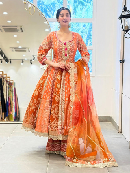 Leela Orange Anarkali Suit Set with Gota & Mirror Work