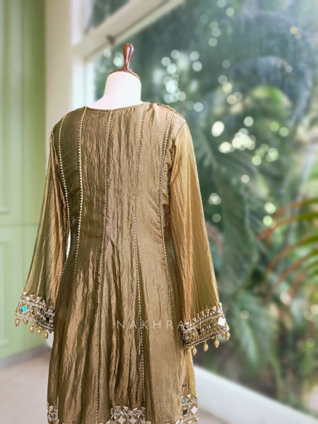 Amaya Olive Green Tissue Dhoti Kurta Set with Mirror and Gota Patti Work