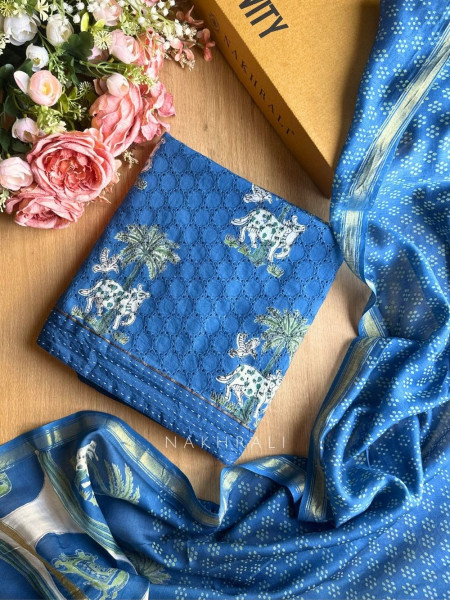 Katha Blue Printed Dress Material Set