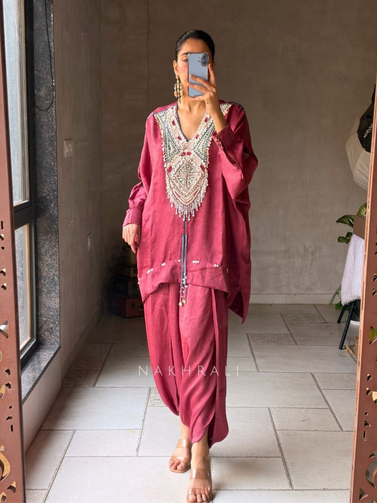Image of Zyven Maroon Kaftan Palazzo Set with Embroidered Sequin Neck