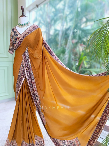 Dhara Mustard Georgette Silk Saree With Kalamkari & Cutdana Work