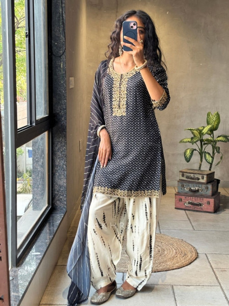 Rivkara Black Bandhej Suit Set with Golden Embroidery and Bead Work