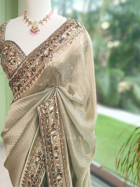 Lustre Trellis Sage Green Tissue Silk Saree with Readymade Blouse