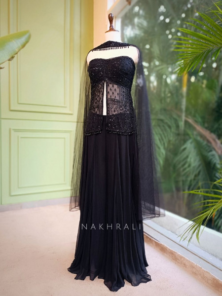 Nocturne Black Embellished Crop Top Palazzo Set