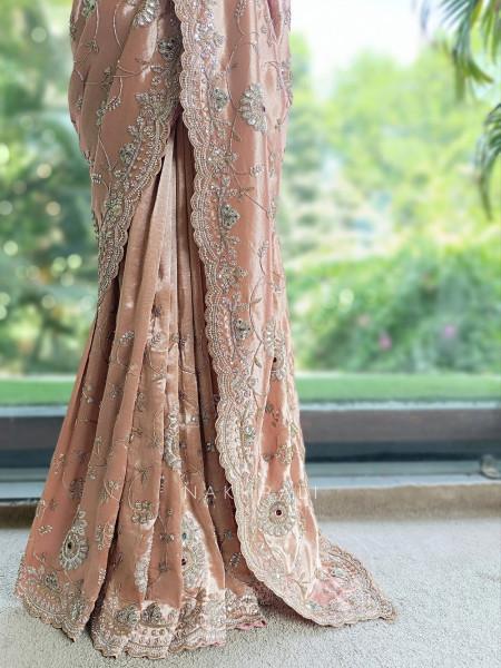 Celestine Peach Crushed Shimmer Silk Tissue & Silk Georgette Blend Saree