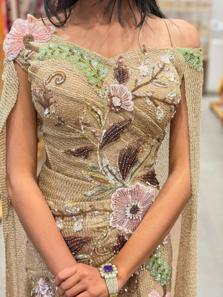 Orlina Beige Sequin Drape Gown