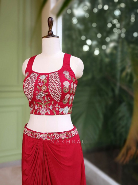Kavira Red Embroidered Crop Top Skirt with Jacket Set