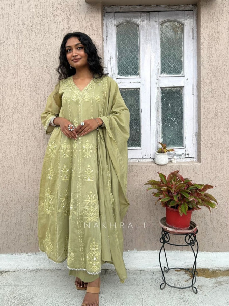 Mrinmayi Green Pure Mul Cotton Anarkali Suit Set With Thread Embroidery & Mirror Work