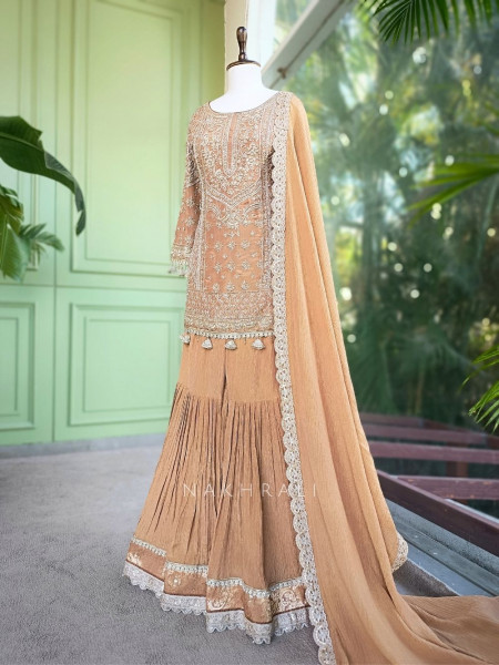 Zaria Beige Festive Gharara Set with Embroidered Kurti