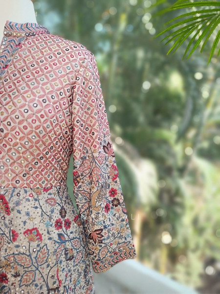 Qymera Beige Printed Anarkali Suit Set with Sequin Embroidery