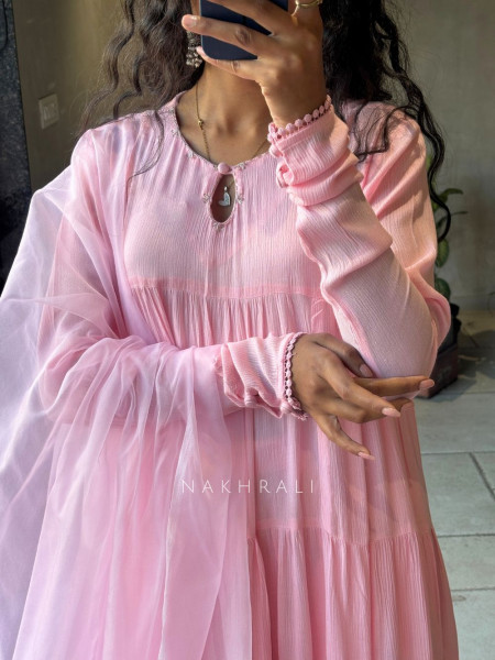 Calira Pink Cotton Anarkali Suit Set with Organza Dupatta