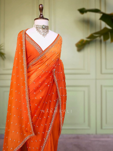 Sangini Orange Saree Zari Butti Work