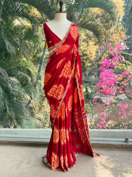 Rangtaal Red Bandhani Saree