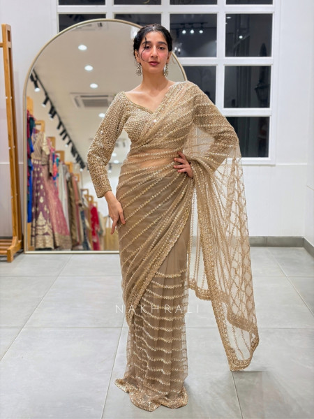 Tishya Beige Italian Silk Net Saree with Readymade Blouse