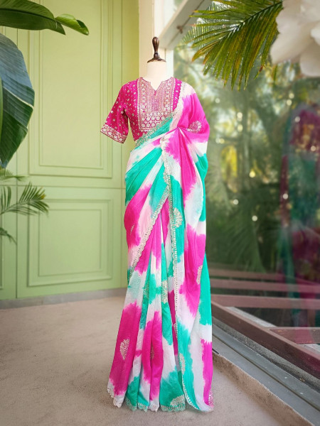 Rangriti Firozi Leheriya Saree with Sequin Gota Blouse