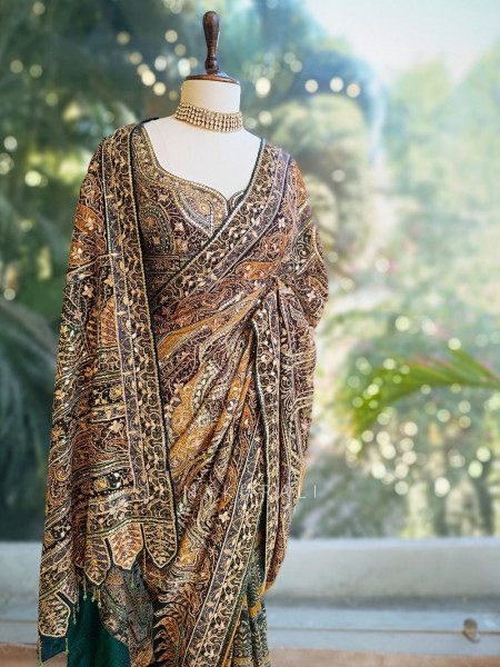 Nakkashi Green Bridal Sequin Zari Saree with Ready Blouse