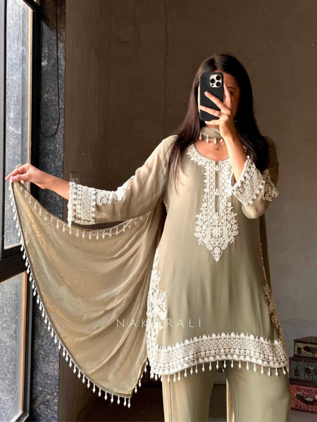 Aarvi Olive Suit Set with Intricate Embroidery Work