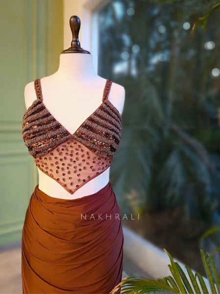 Riona Brown Sequin Drape Saree with Cut Dana Blouse