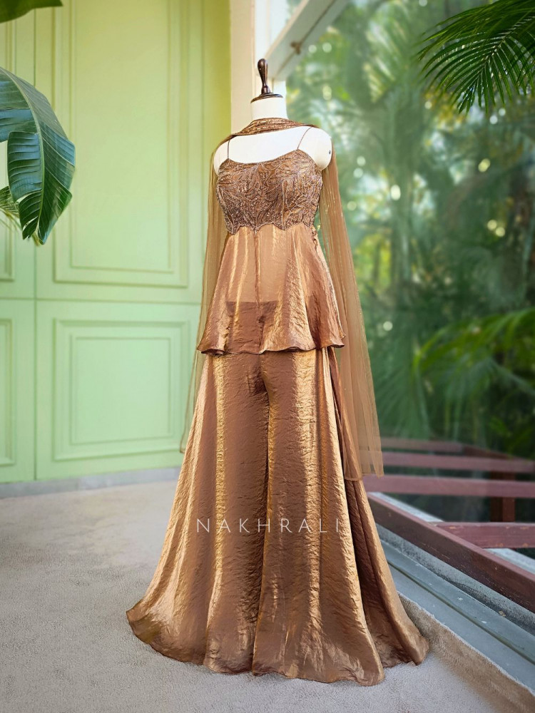 Image of Zeraya Brown Embroidered Peplum Palazzo Set