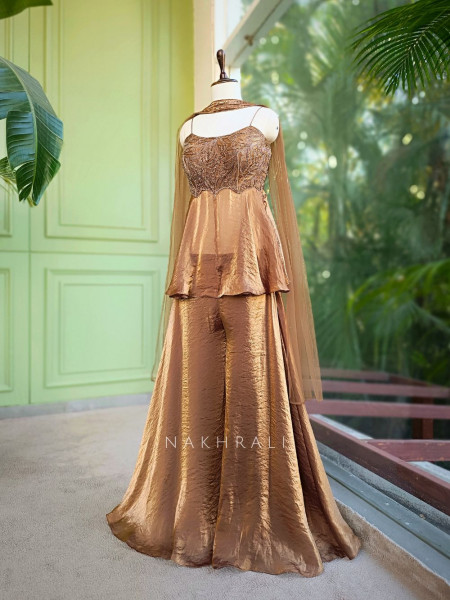 Zeraya Brown Embroidered Peplum Palazzo Set