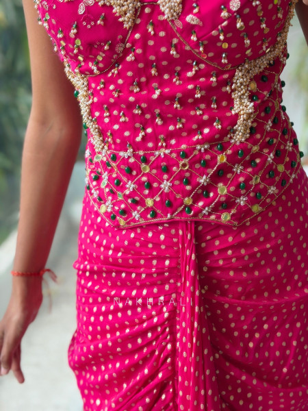Artifact Magenta Indo-Western Corset Crop Top & Pre-Draped Skirt