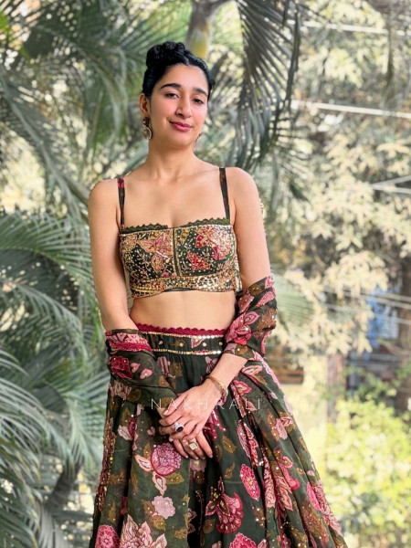 Tiya  Green Floral Lehenga Set with Embellished Blouse