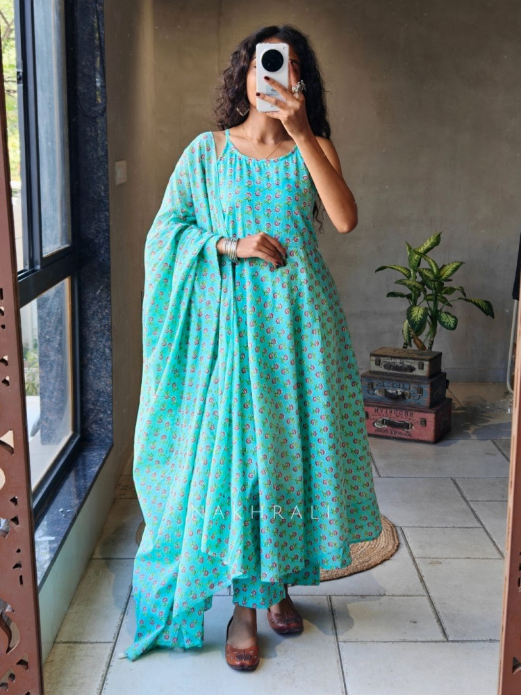 Image of Marina Blue Cotton Suit Set with Floral Print