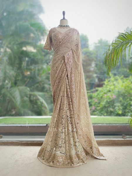 Sereia Beige Chantilly Lace Designer Saree with Readymade Blouse