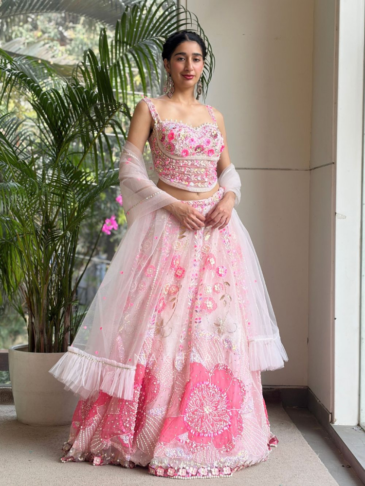 Image of Blossom Mist Net Lehenga with Sequin and Bead Work