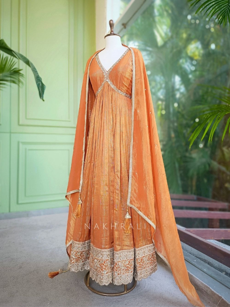 Image of Zarelle Orange Anarkali with Zari Sequin Work and Dupatta