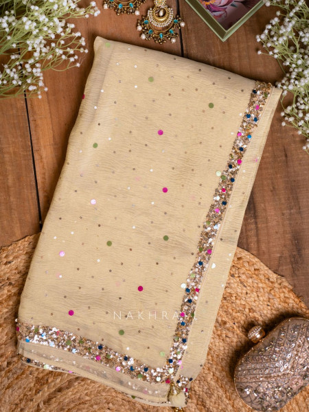 Eclipse Cream Crushed Tissue Saree with Sequin and Pearl Work